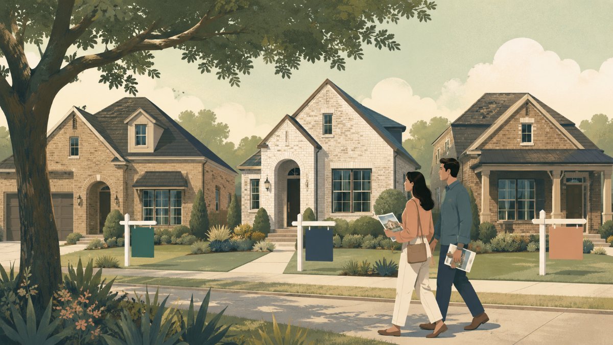 2026년 6월 DFW 북서부 시세 — Flower Mound $603K, Denton $362K, Lewisville $396K, 35번 회랑이 가르는 가격 지도